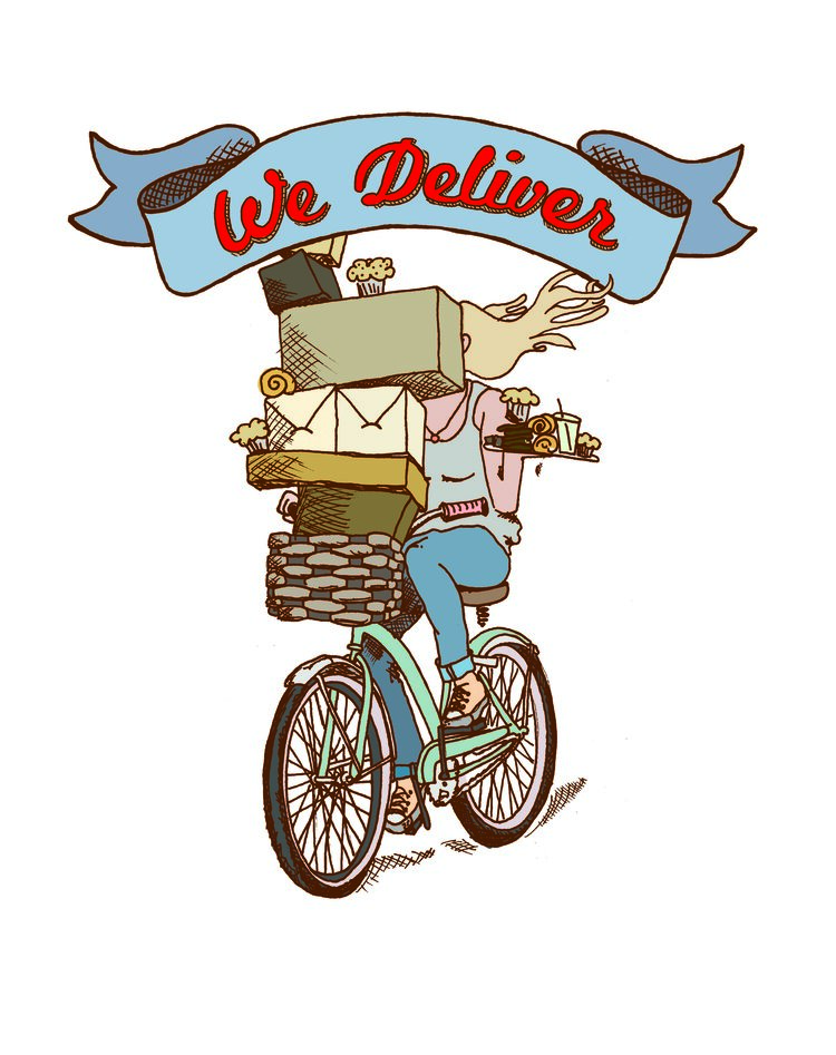 Cartoon graphic of person on bicycle carrying a lot of pastry boxes. Swirly banner at the top with the text 'We Deliver'